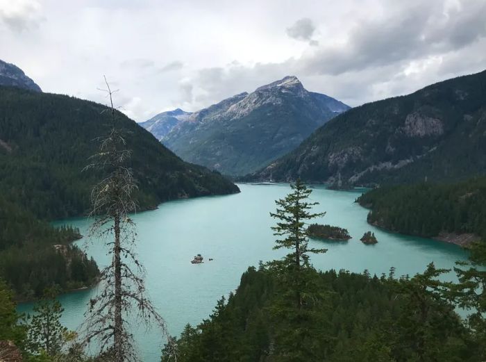 Turquoise lake surrounded by trees and mountains.