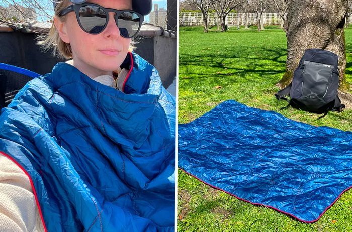 The author shows how the Cape Clip enables hands-free use (L); this airplane blanket can also serve as a picnic blanket (R).