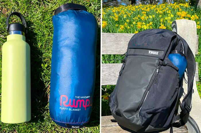 The Rumpl NanoLoft Travel Blanket alongside a 21-ounce HydroFlask (L) and nestled in the water bottle pocket of a backpack (R).