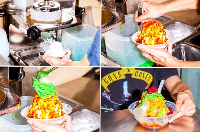 Four images depicting the steps to create ice kachang topped with pandan.