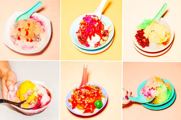 A photo gallery showcasing the various toppings, from red beans to durian, that can adorn ice kachang.