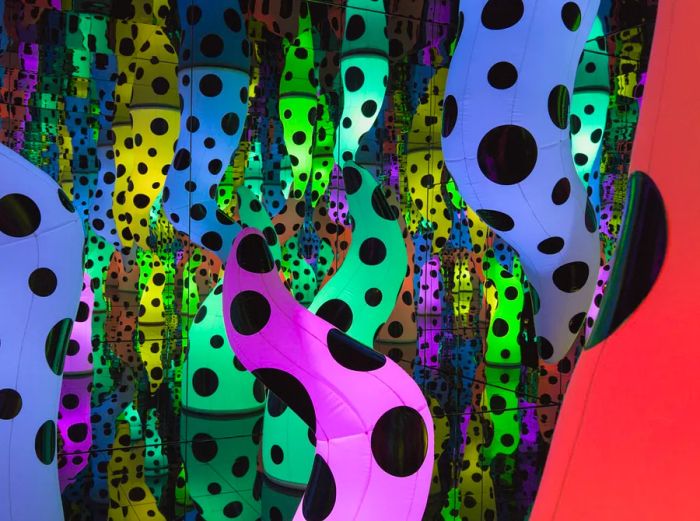 Vibrantly colored tentacles enveloping the entire space of Love Is Calling by Yayoi Kusama