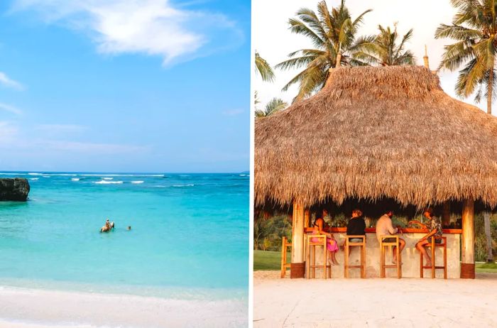 A scenic beach (L); a palapa-style bar on the sand serves four customers.