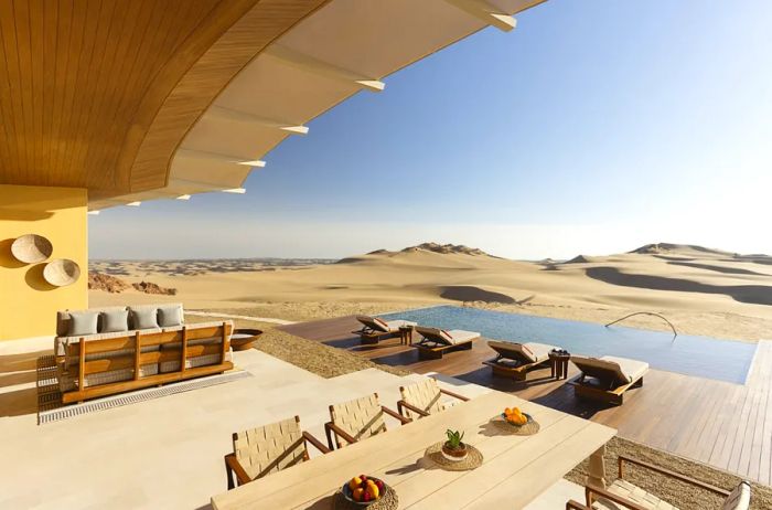 The three-bedroom Sunset Retreat villa at Six Senses Southern Dunes in Saudi Arabia boasts an infinity pool overlooking the sandy dunes.