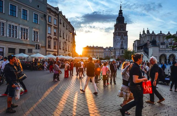 People gathered in a public square in Europe