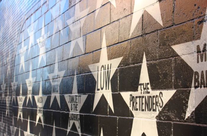 A glimpse of the vibrant mural featuring artists' stars at First Avenue, a legendary theater in Minneapolis, Minnesota.