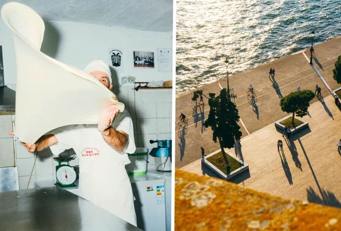 Left: Philippos Bantis expertly flips bougatsa pastry. Right: Strollers along Thessaloniki's picturesque waterfront.