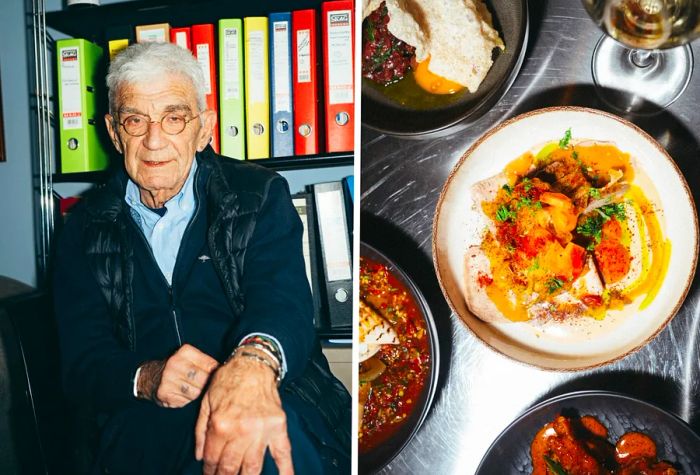 Left: A portrait of Yiannis Boutaris. Right: Dishes served at the Thessaloniki restaurant, Poster.