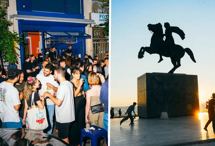 Left: College students in Thessaloniki socializing. Right: Aristotelous Square