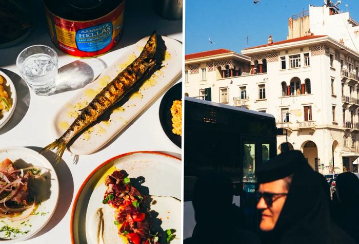 Left: A spread of seafood and kebabs. Right: A woman navigating a busy street.