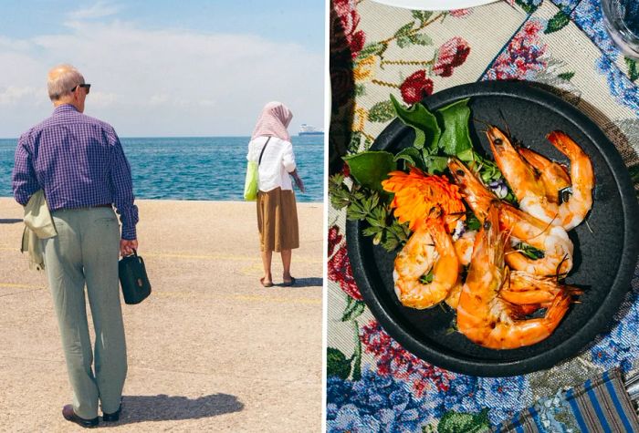 Left: An elderly couple strolling along Thessaloniki's waterfront. Right: A plate of shrimp.