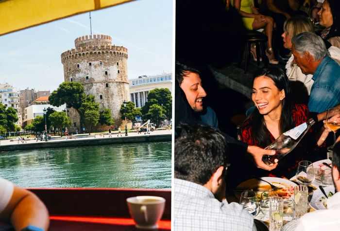 Left: Thessaloniki's iconic 111-foot White Tower. Right: Diners enjoying drinks at a local restaurant.