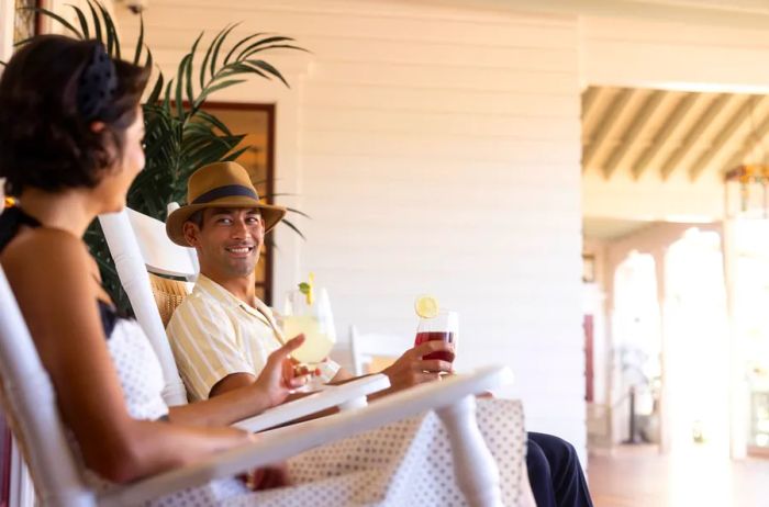 The front porch of Hotel del Coronado offers a serene setting to enjoy a drink at your leisure.