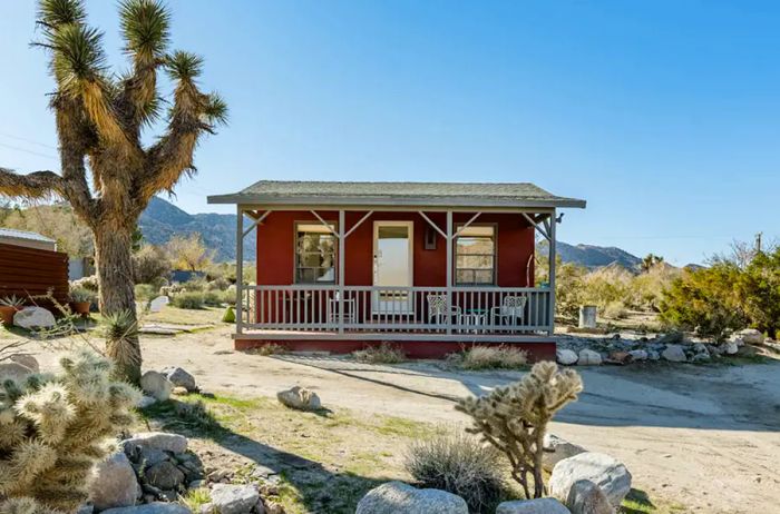 A red cabin with a wooden porch set in the desert, with a Joshua tree to the left