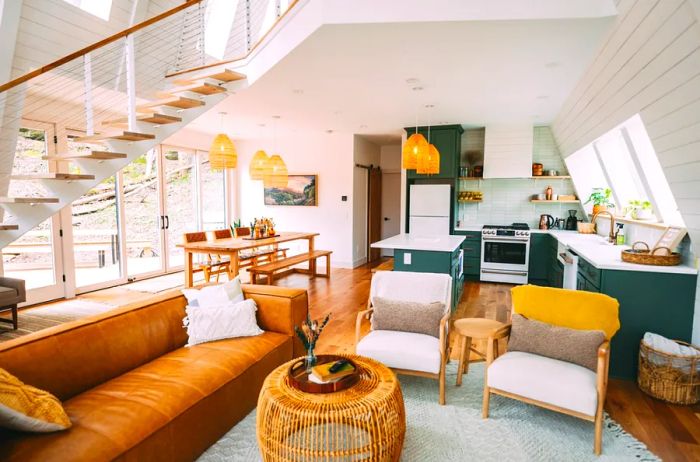 Bright white interior of a stylish A-frame cabin