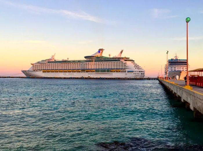 Two large cruise ships docked near the pier