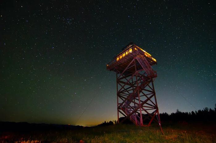 Observation deck tower Airbnb at night in an Oregon forest