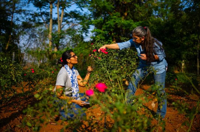 Sourcing manager Kumud Dadlani (left) in a vibrant field of red flowers.