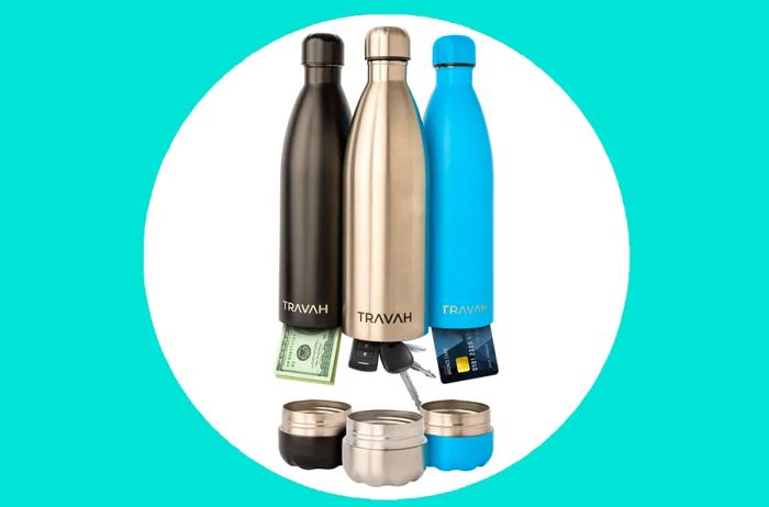 Three water bottles—black, silver, and blue—with hidden compartments open