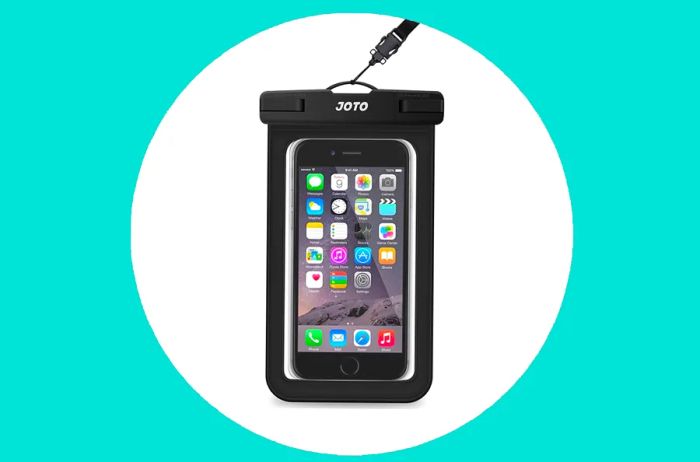 Black Joto Universal Waterproof Phone Pouch featuring a smartphone displaying apps