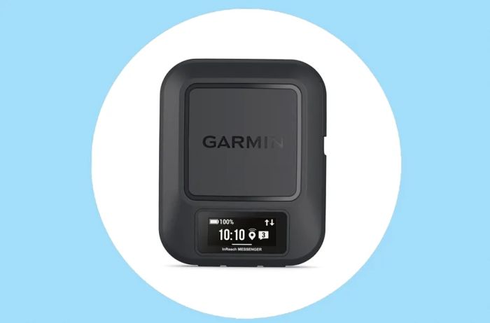 A black, square Garmin InReach Messenger, which serves as a personal locator beacon, resembles a pager.