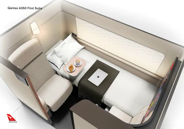 An illustration of the luxurious first-class suites Qantas has crafted for its upcoming A350 aircraft.