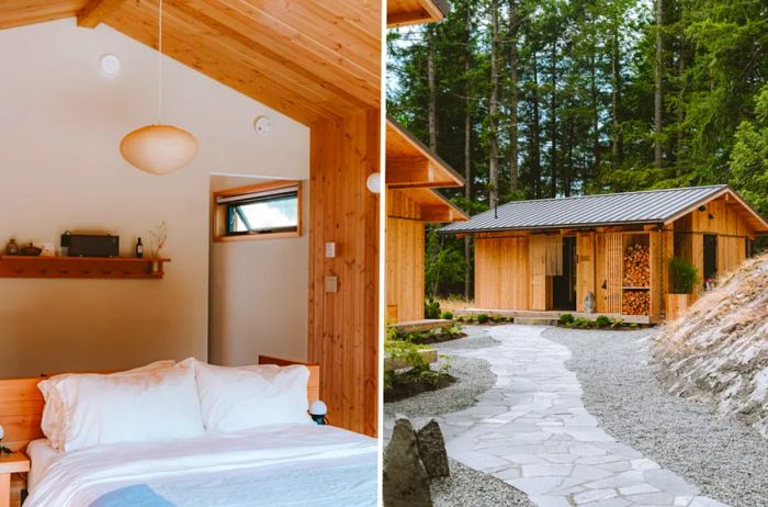 A minimalist design ethos permeates the cabins and the onsen-style bathhouse.