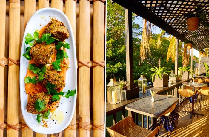 From left: The Layla Bar offers delicious (and Instagram-worthy) Middle Eastern cuisine; al fresco dining is also available.