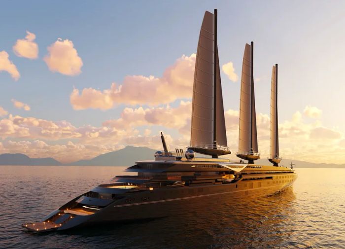 A rendering of an Orient Express ship featuring a foldable, large rigid sail made from composite materials.