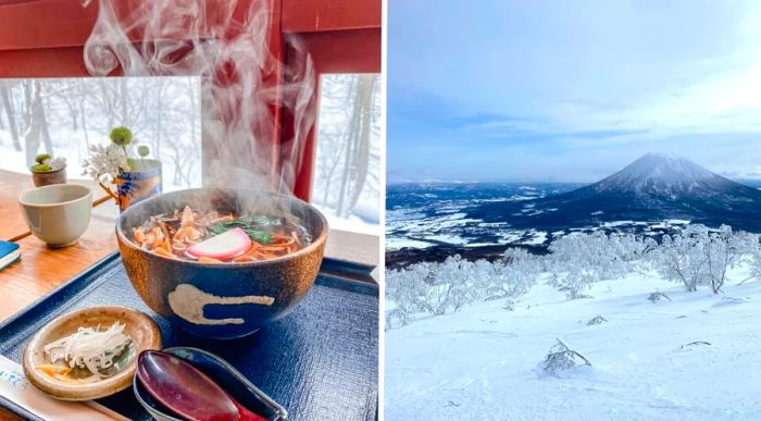 The left photo showcases soba noodles from a restaurant, while the right photo offers a view of Mt. Yotei from the ski slopes in Niseko.