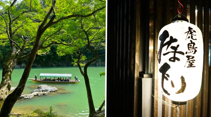 The left image shows a boat navigating through the Arashiyama district, while the right image features a lantern from the Gion/downtown area of Kyoto.