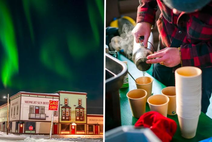 The northern lights twirl above the historic buildings of downtown Dawson City, Yukon, as Jesse Cooke, founder of The Klondike Experience, prepares a unique hot chocolate for his guests at a cozy warming hut in Tombstone Territorial Park, Yukon.