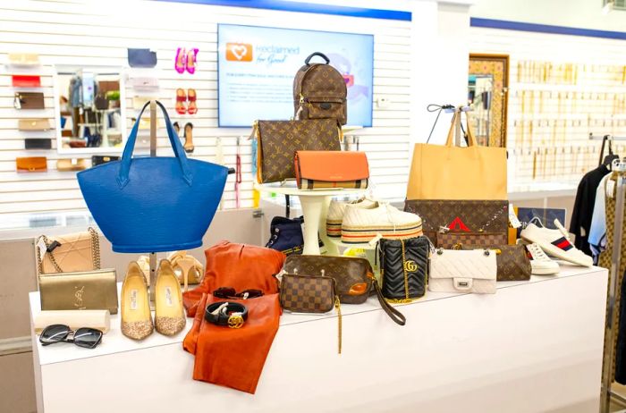 Designer handbags, shoes, and sneakers displayed for sale at the Unclaimed Baggage store in Alabama.