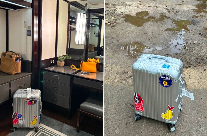 Lyndsey Matthews's Rimowa Original Cabin Carry-On at the Peninsula Paris (L) and on an unpaved road in Indonesia (R)