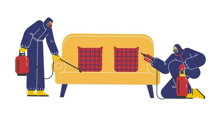 Illustration of two individuals in hazmat suits fumigating a sofa adorned with two pillows.