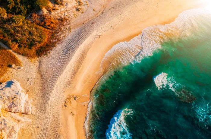 A bird’s-eye view of the stunning Los Cabos beach, featuring golden sands and rolling waves