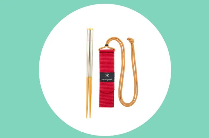 Metal and wooden Snow Peak Wabuki Chopsticks with a red carrying case