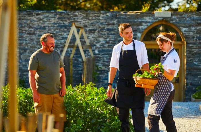 The Pig at Harlyn Bay, known for its restaurant, sources all its ingredients from within a 25-mile radius, including produce from its own garden, meticulously maintained by head gardener Andy Moore, pictured far left.