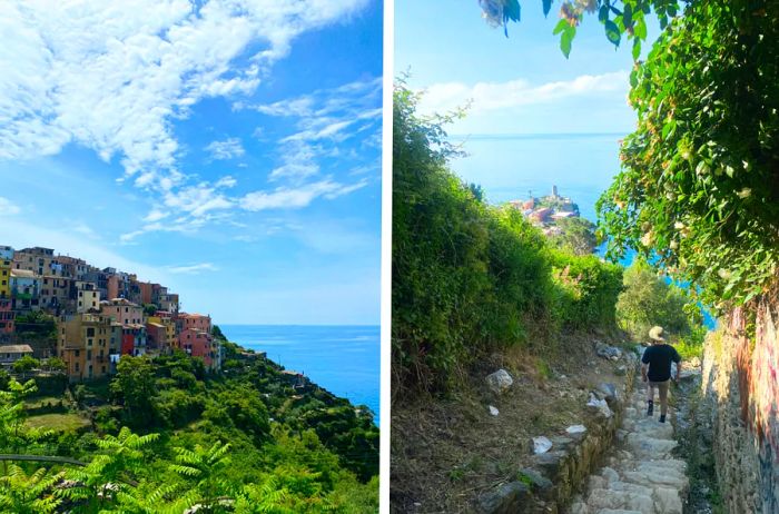 Left: Homes perched on a terrace with a stunning sea view in the background. Right: A person descending stone steps along a trail.