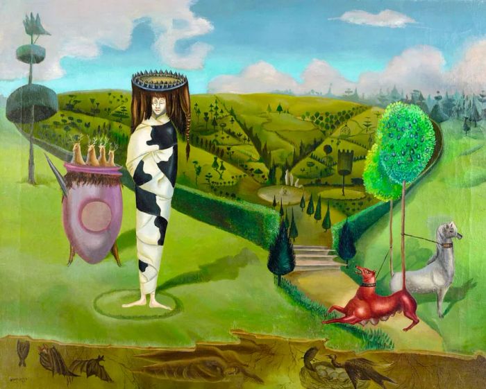 Artwork depicting a woman draped in a black and white shawl, set in a green field alongside two dog-like creatures