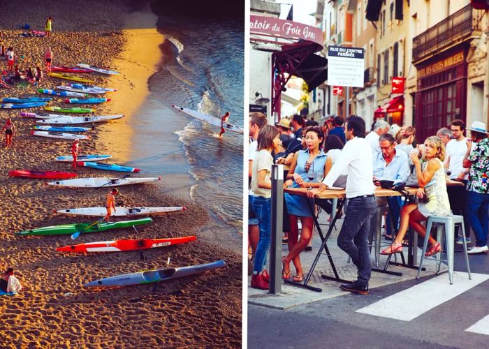 Surfboards on the beach (left) and outdoor dining in Biarritz, France