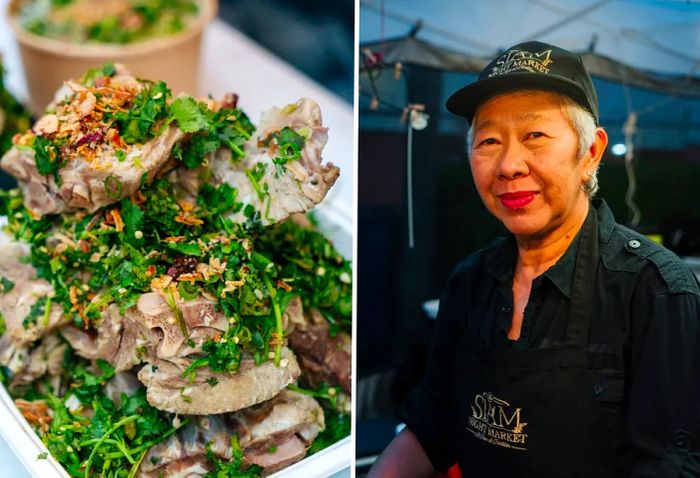 Portrait of a cheerful woman wearing a hat, showcasing a meat dish garnished with fresh herbs and peanuts.