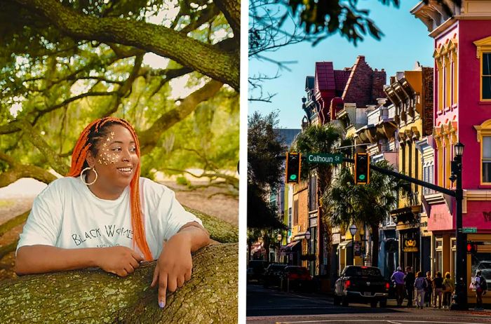 Asiah Mae, left, alongside a scene from Charleston