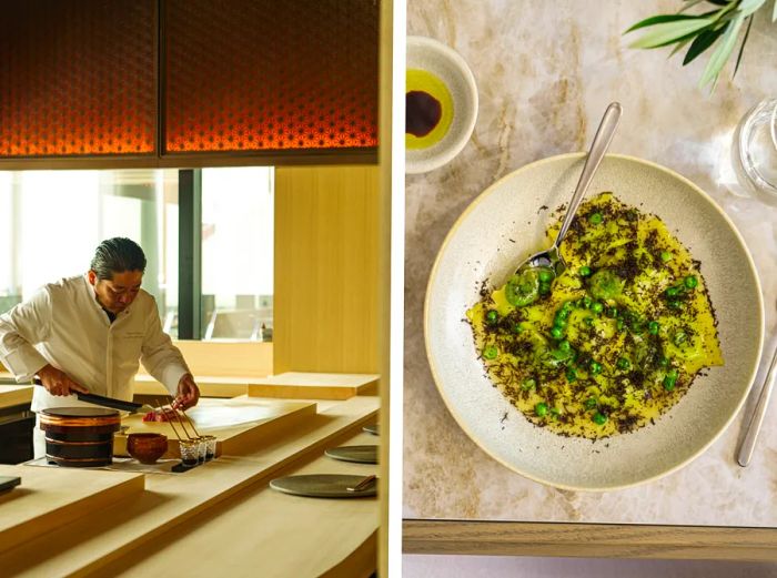 Iigura (left) features a hinoki wood counter, while Mercato (right) offers Italian-inspired cuisine.