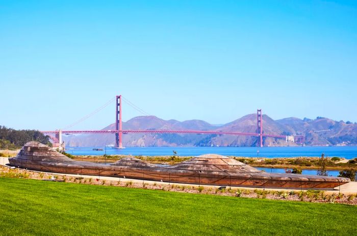 A breathtaking view of the Golden Gate Bridge from the Presidio Tunnel.