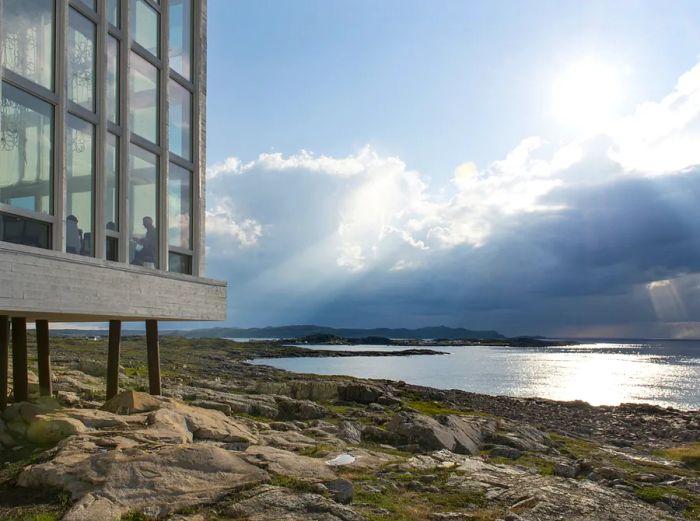 Fogo Island Inn perched on stilts along a rugged coastline