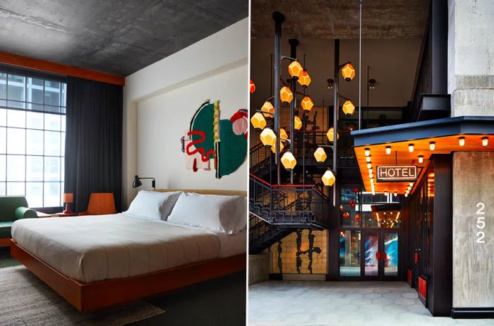 A pair of images showcasing the rooms at Ace Hotel Brooklyn alongside its entrance