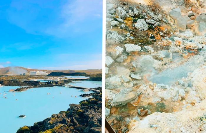 A glimpse of the Blue Lagoon (left); a close-up of a hot spring.