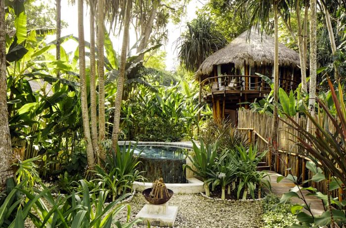 The exterior of the Mamole Treehouse at NIHI Sumba is enveloped by trees and includes a private plunge pool.