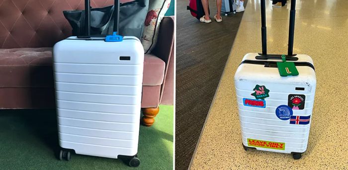 The author's white Away Bigger Carry-On in September 2017 (L) and in August 2022 (R)